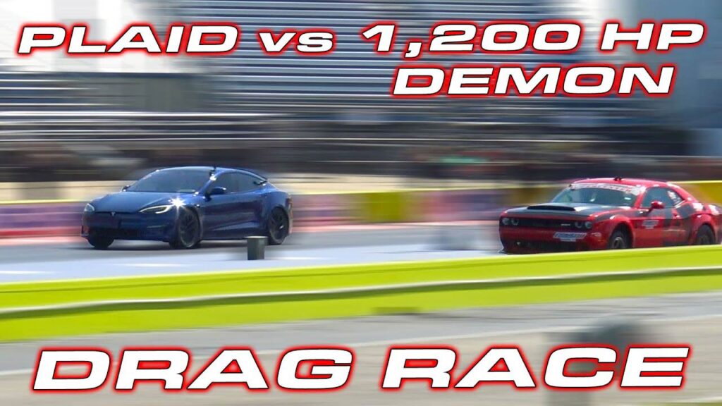 Tesla Model S Plaid vs. 1,201 hp modified Dodge Demon in a drag race.
