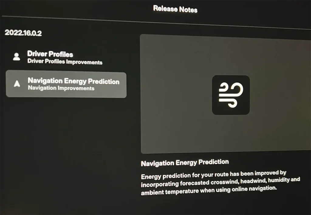 Screenshot of Tesla in-car release notes for Navigation Energy Prediction for the software update 2022.16.0.2.