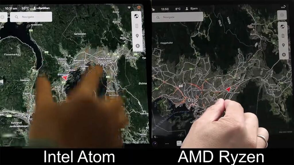 Testing Tesla navigation maps on the old Intel Atom (left) and the new AMD Ryzen (right) GPUs.