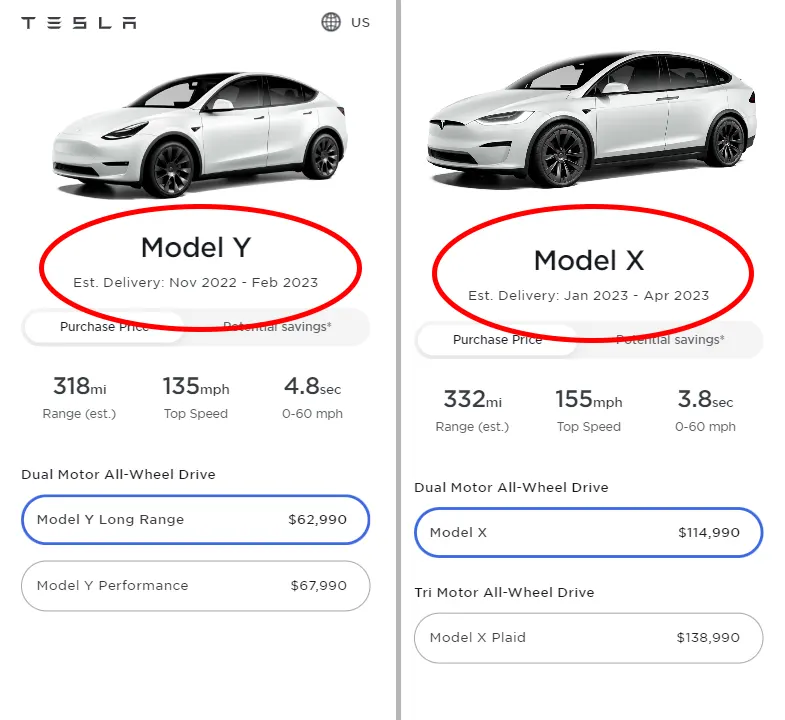 Tesla Model Y and Model X delivery date estimates in the Tesla online car configurator as of 12th May 2022. Model Y and Model X base variant delivery dates are showing as Nov 2022 - Feb 2023 and Jan 2023 - Apr 2023 for the United States respectively.