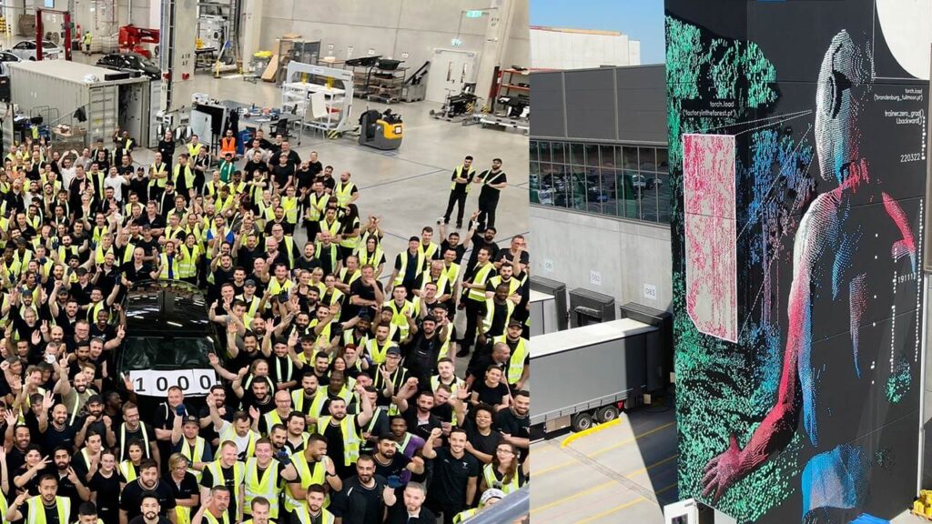 Gigafactory Berlin Tesla employees celebrate reaching the Model Y production of 1,000 cars per week (left), new Giga Berlin graffiti art (right).