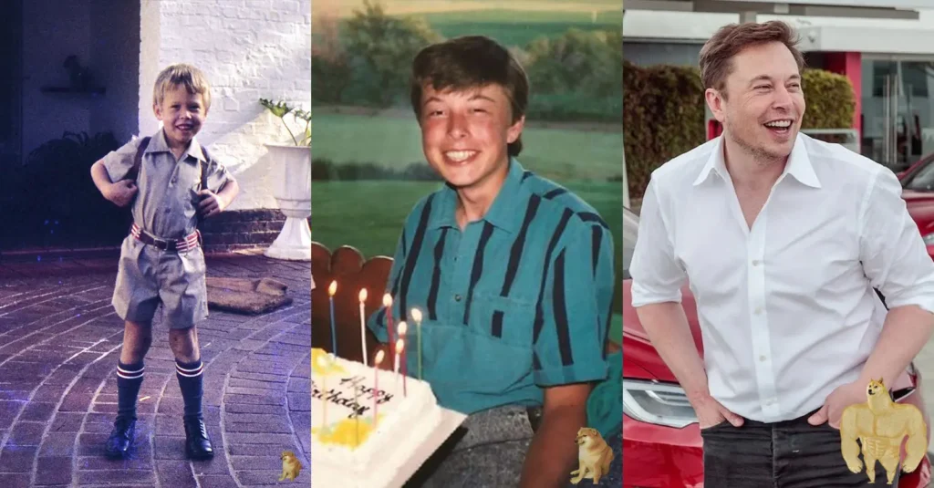 Elon Musk as a kid (left), a teenager (middle), and a grown-up man (right).