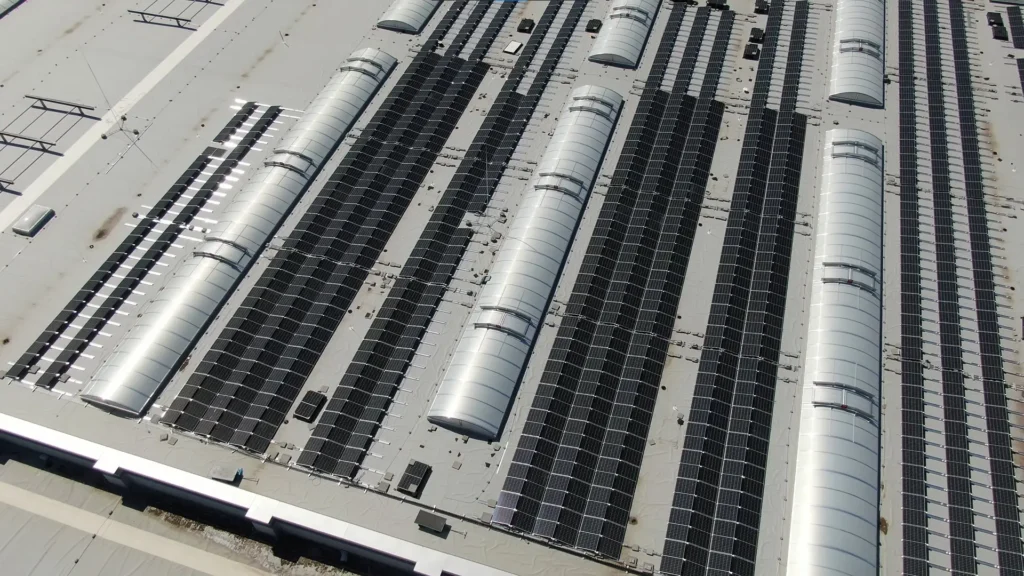 Rows of solar panels are installed on the roof of Tesla Gigafactory Berlin-Brandenburg.