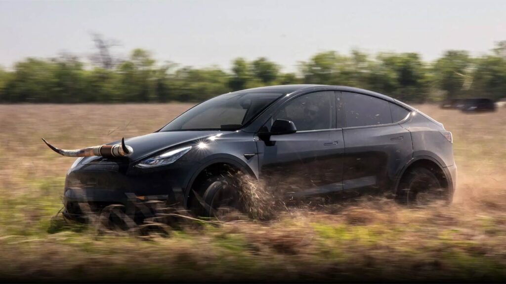 Tesla Model Y with bull horns on the hood running in vast fields of the state of Texas.