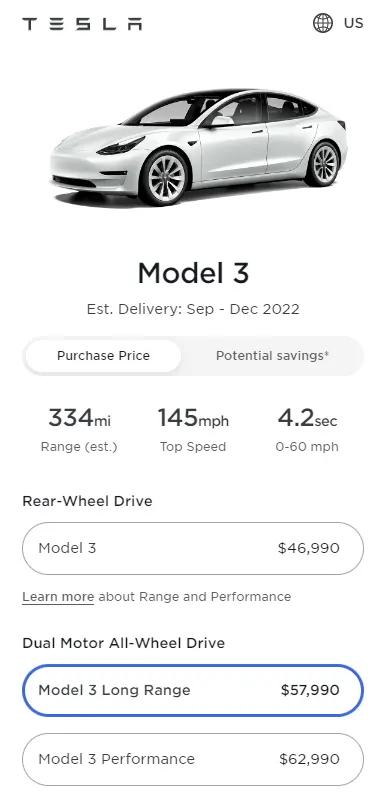 Screenshot: Prices of all the variants of Tesla Model 3 in the United States as of 16th June 2022. 