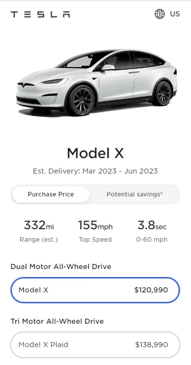 Screenshot: Prices of all the variants of Tesla Model X in the United States as of 16th June 2022. 
