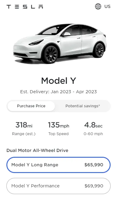 Screenshot: Prices of all the variants of Tesla Model Y in the United States as of 16th June 2022. 