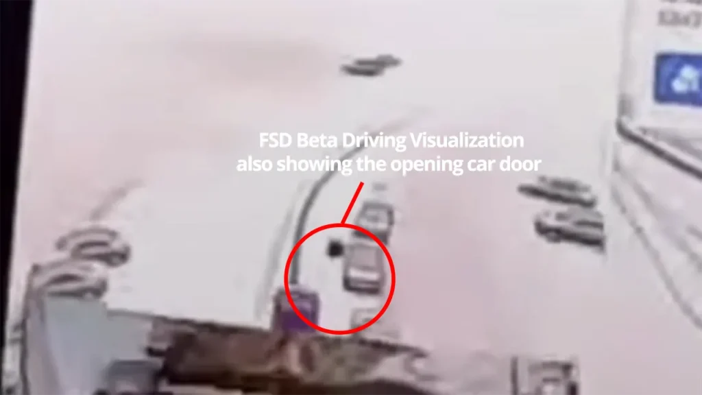 FSD Beta driving visualization showing opened car door of the parked vehicle on the side of the road ahead.