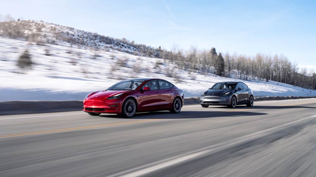 A red Tesla Model 3 chased by a gray Tesla Model Y (file photo).