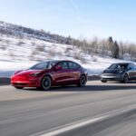 A red Tesla Model 3 chased by a gray Tesla Model Y (file photo).