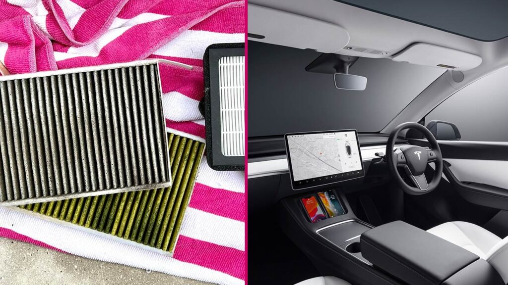 Clogged and dirty Tesla Model Y cabin air filters (left), Tesla Model Y cabin (right).