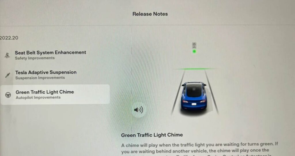 Screenshot from the Tesla software update version 2022.20.