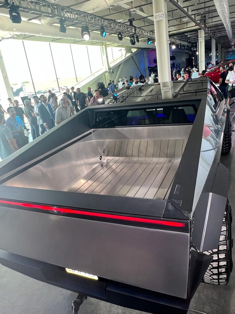 A view of the Cybertruck stainless bed with the stainless steel floor as seen at the company's 2022 Annual Shareholder Meeting (Cyber Roundup).