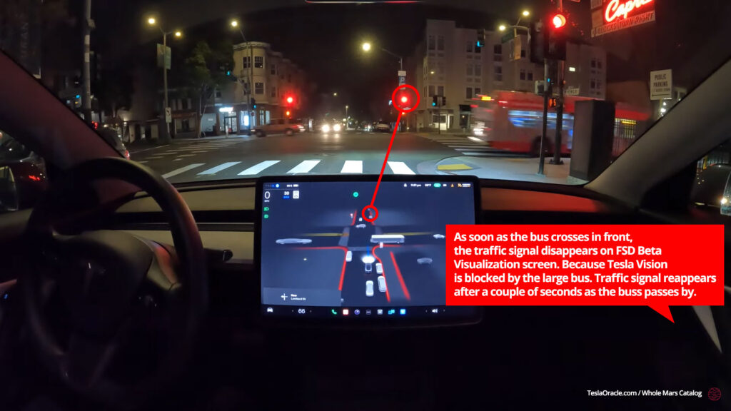 FSD Beta 10.69: traffic signal disappears from the visualization/ Tesla Vision as a large bus passed across the intersection.