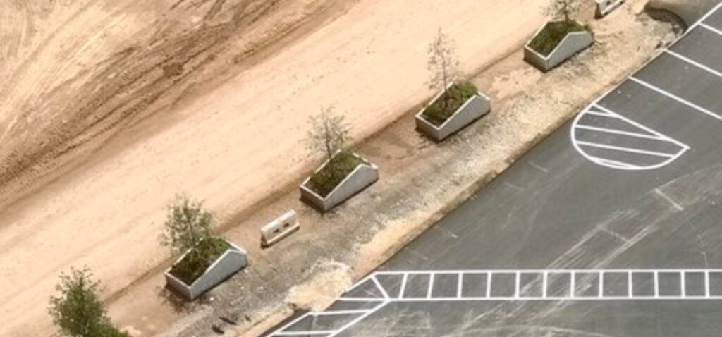 Aerial view of the row of Cyber Planters at Giga Texas.