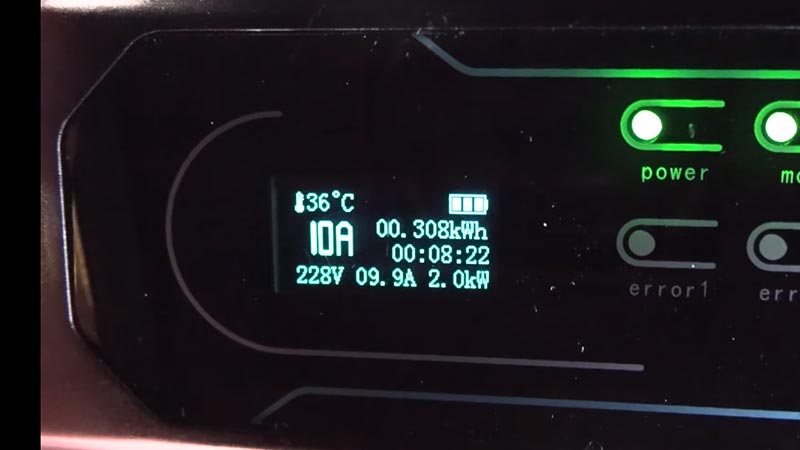 Charging statistics displayed on the mobile solar Tesla/EV charger's cable screen.