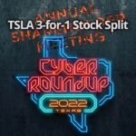 Tesla 2022 Annual Shareholder Meeting and 3-for-1 stock split banner.
