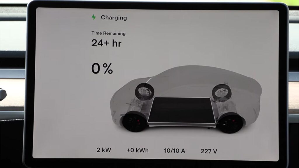 Tesla Model Y battery at 0% state-of-charge (Soc), fully drained on purpose to see what happens.