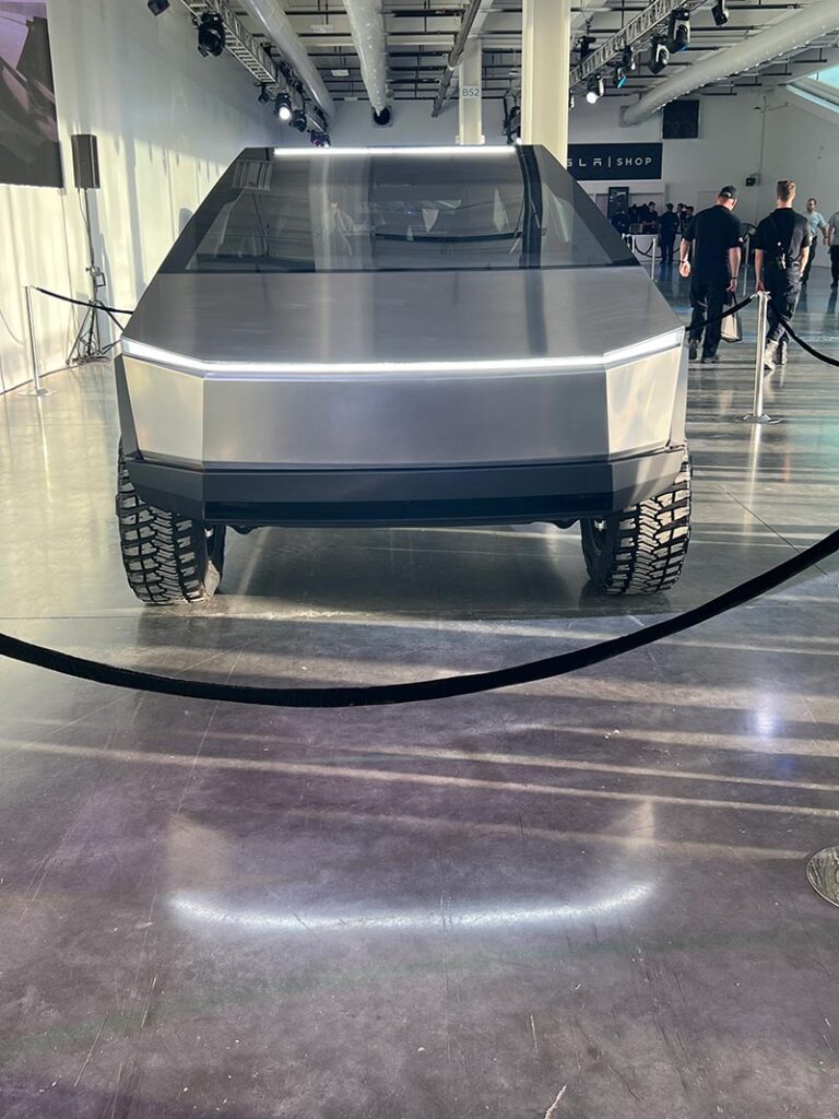 Tesla Cybertruck prototype without side mirrors and the windshield wiper (seen at the Tesla 2022 Annual Shareholder Meeting).