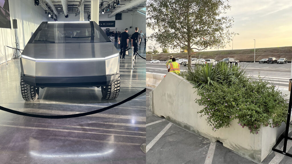 Tesla Cybertruck prototype (left) and the Cyber Planters (right) installed at Giga Texas.