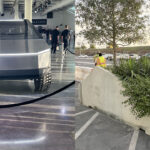 Tesla Cybertruck prototype (left) and the Cyber Planters (right) installed at Giga Texas.