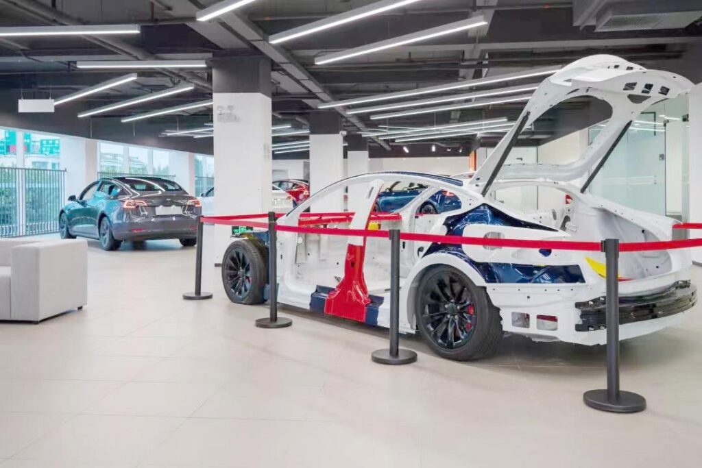 Rear side view of the body-in-white of the new Tesla Model S (2021 onwards) on display at the Tesla Service Center in Ya'nan, Shanghai, China.