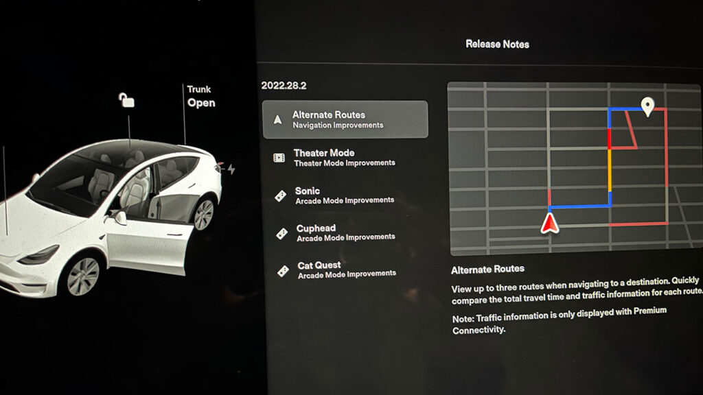 Tesla adds Alternate Routes to navigation maps in the software update version 2022.28.2.