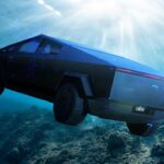 Concept art of an amphibious Tesla Cybertruck underwater.
