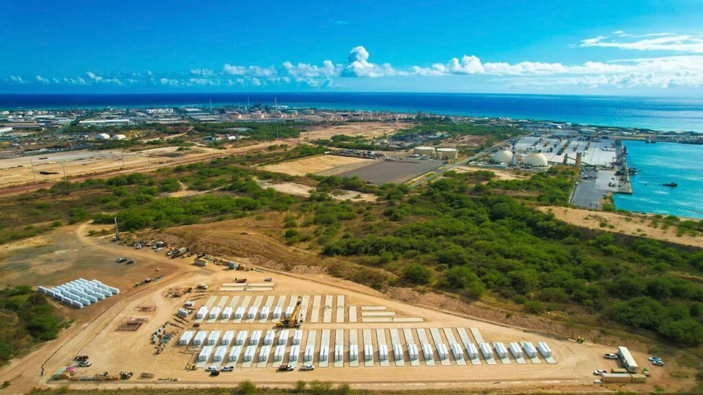 A beautiful aerial view of the under construction Tesla Megapack battery energy storage system project in Hawaii as the last coal shipment is delivered to Hawaiian Electric.