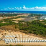 A beautiful aerial view of the under construction Tesla Megapack battery energy storage system project in Hawaii as the last coal shipment is delivered to Hawaiian Electric.