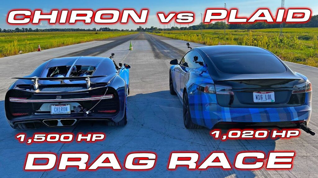 Tesla Model S Plaid vs. Bugatti Chiron drag race.