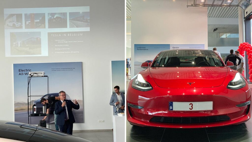 Opening day of the Tesla Store in Brugge, Belgium (08 Sep 2022). Mayor of Brugge Dirk De fauw (left), a red Tesla Model 3 (right).