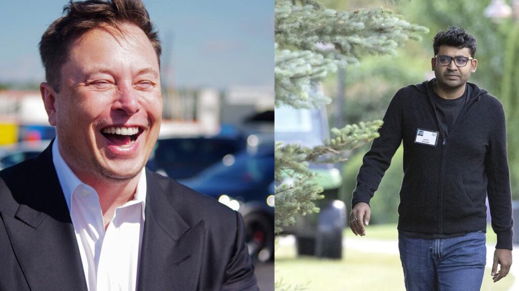Elon Musk laughing (left), Ex Twitter CEO Parag Agrawal (right).