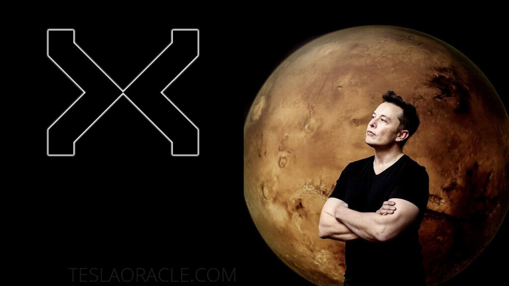 Tesla and SpaceX CEO Elon Musk wearing a black t-shirt looking above with a picture of planet Mars in the background.