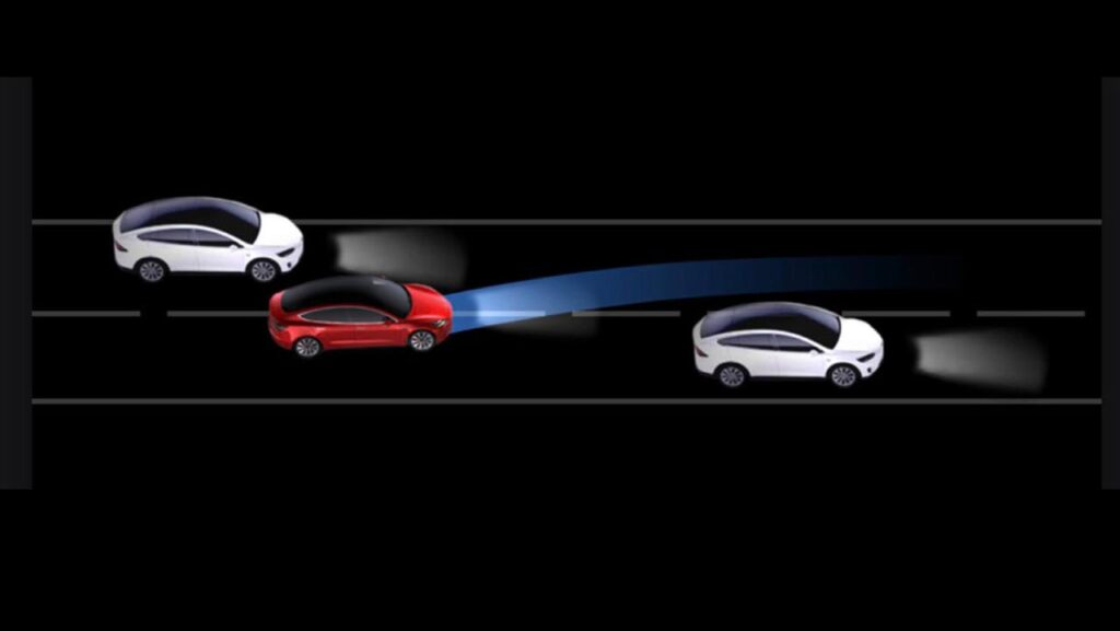 Tesla Autopilot automatic lane change visualization.