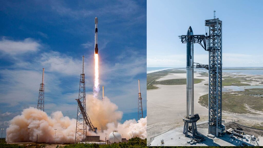 SpaceX Falcon 9 launch (left), Starship 24 full stacked on Super Heavy Booster 7 (right).