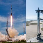 SpaceX Falcon 9 lancering (links), Starship 24 volledig gestapeld op Super Heavy Booster 7 (rechts).