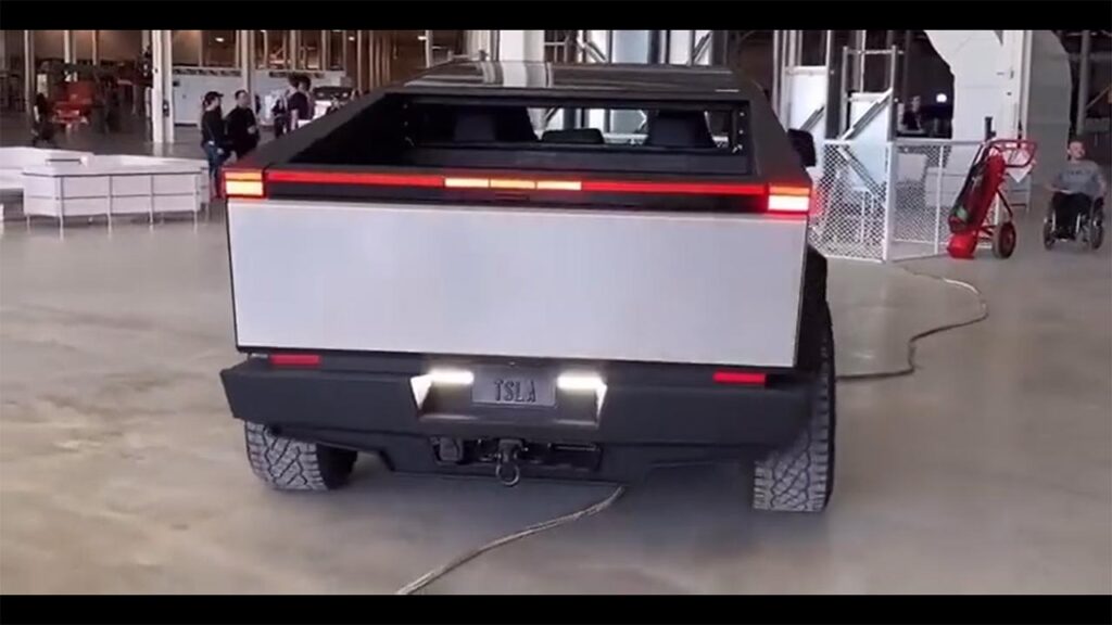 Near-production Tesla Cybertruck prototype with improved tail lights spotted at Giga Texas. 