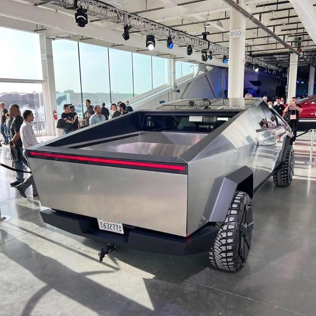 Rear view of the Tesla Cybertruck prototype before the recent changes made in October 2022.