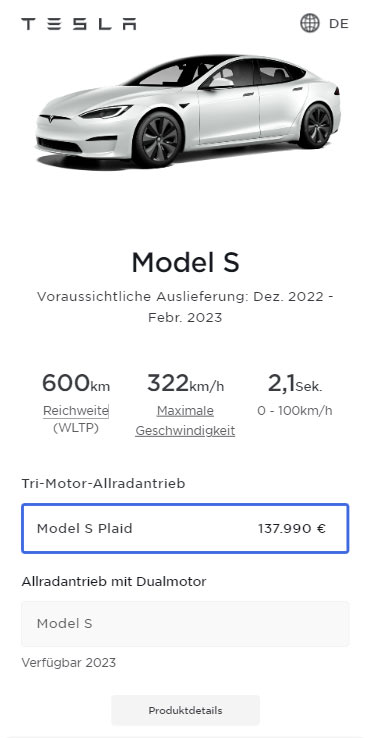 Tesla Model S Plaid estimated delivery date is from December 2022 to February 2023.