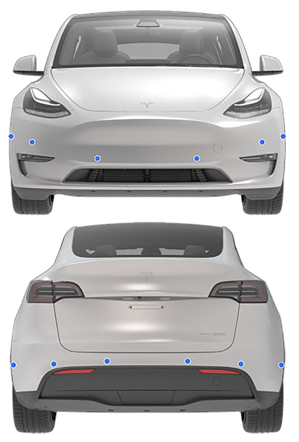 Diagram: Suite of 6 front and 6 rear ultrasonic sensors shown on the bumpers of a Tesla Model Y.