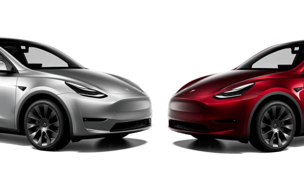 Giga Berlin-made Tesla Model Y in Quicksilver & Cherry Red side-by-side.
