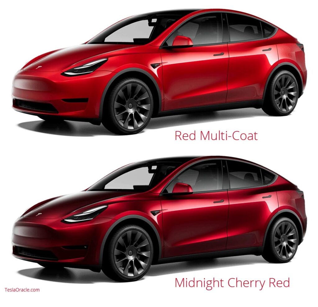 Tesla Model Y red color comparison: Red Multi-Coat (top) vs. Midnight Cherry Red (bottom).
