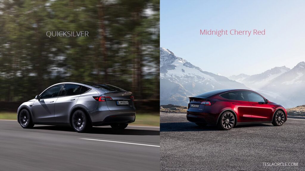 Two new colors of the Tesla Model Y launched in Europe and the Middle East Left: Quicksilver, Right: Midnight Cherry Red.