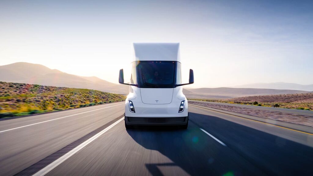 Tesla Semi class-8 electric truck in white color.
