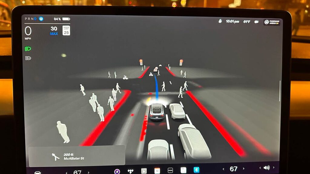 Tesla FSD Beta visualization with too many pedestrians on the road.