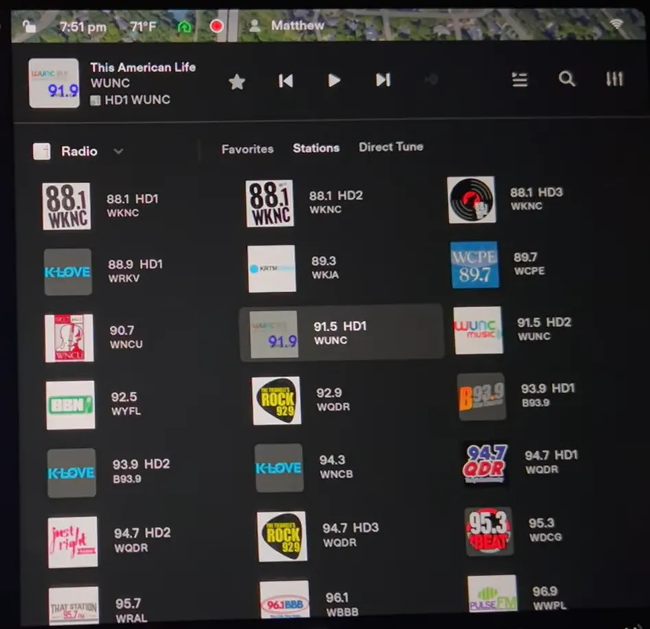 The list of radio stations on a Tesla vehicle center touchscreen now shows radio station icons when browsing (requires 2022.40.4 OTA update or later).