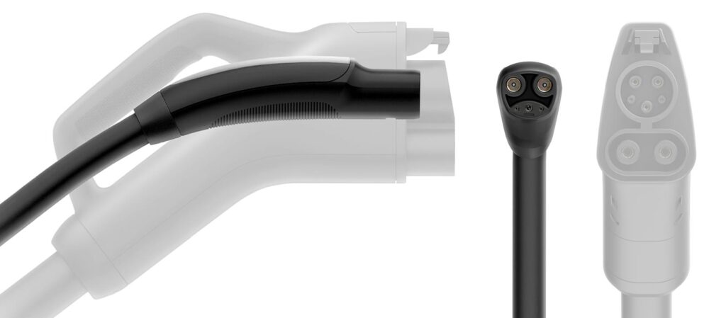 Comparison of the size and design difference between the Tesla charging connector and the Combined Charging System connector.