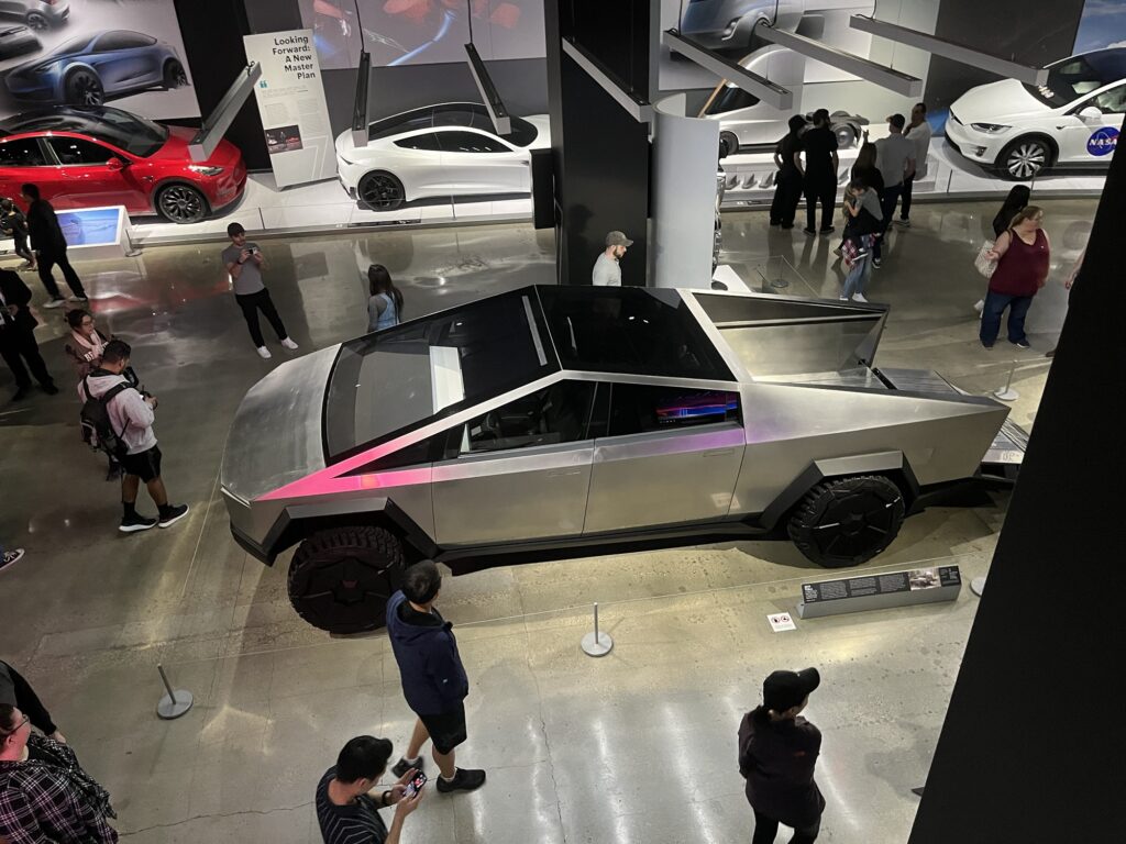 Aerial view of the Tesla Cybertruck on display at the Petersen Museum in Los Angeles, California.