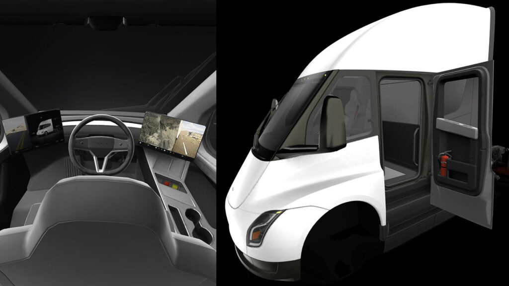 Tesla Semi interior (left) and exterior (right) in the 3D renders added in the Tesla mobile app.